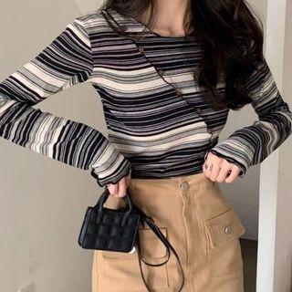 Long-sleeve Striped Top / Mini A-line Skirt