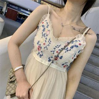 Spaghetti-strap Floral Embroidered Dress