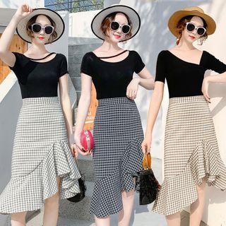 Gingham Ruffle Hem Straight-fit Skirt