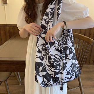 Canvas Floral Print Tote Bag Black Floral - White - One Size