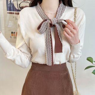 Contrast Lace Tie-neck Cardigan