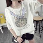 Cat Print Elbow Sleeve T-shirt