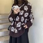 Long-sleeve Leaf Printed Knit Sweater / Plain Midi Skirt