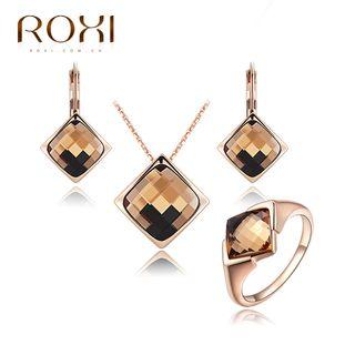 Set: Square Rhinestone Pendant Necklace + Dangle Earring + Ring Rose Gold - One Size