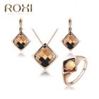 Set: Square Rhinestone Pendant Necklace + Dangle Earring + Ring Rose Gold - One Size