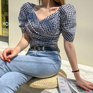 Puff-shoulder Gingham Wrap Blouse