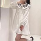 Long-sleeve Flower Embroidered Mini Smock Dress
