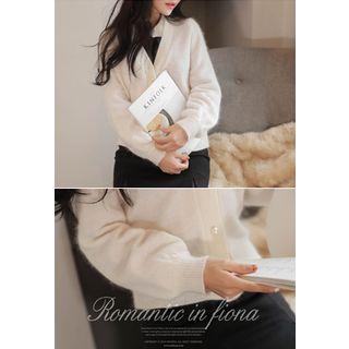 Faux-pearl Button Wool Blend Furry Cardigan
