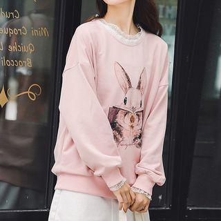 Lace Trim Rabbit Print Pullover