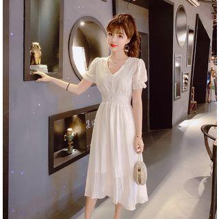 Puff-sleeve Plain Midi Dress