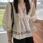 Elbow-sleeve Crocheted Trim V-neck Blouse As Shown In Figure - One Size