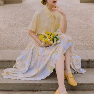 Set: Short-sleeve Plain Shirt + Print Midi Pleated Skirt