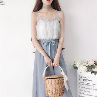 Ruffle Camisole / Light Jacket / Lace Camisole Top / Lace Jacket / Cropped Wide-leg Pants
