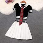 Set: Short-sleeve V-neck Knit Top + Plaid Tie + Pleated Mini A-line Skirt