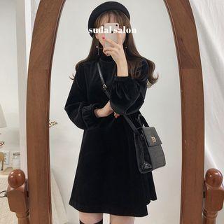 Velvet Long-sleeve A-line Dress / Mock Two-piece Midi Pullover Dress