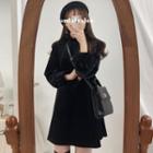 Velvet Long-sleeve A-line Dress / Mock Two-piece Midi Pullover Dress