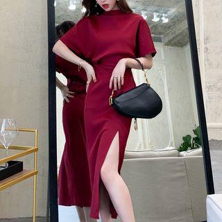 Mock-turtleneck Short-sleeve Midi Split Sheath Dress