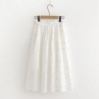 Scallop-hem Embroidered Midi A-line Skirt White - One Size