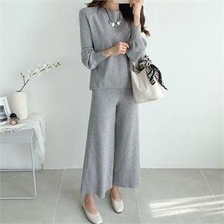 Set: Balloon-sleeve Knit Top + Knit Pants