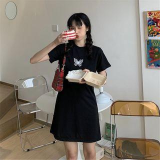 Short-sleeve Butterfly Embroidered Mini T-shirt Dress