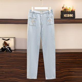 Elastic Waist Embroidered Washed Tapered Jeans