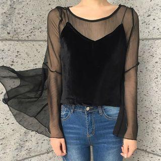 Set: Bell-sleeve Mesh Top + Spaghetti Strap Top