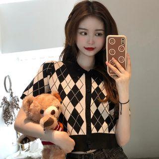 Short-sleeve Contrast Trim Argyle Cropped Cardigan Black & White - One Size