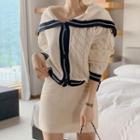 Sailor Collar Cable Knit Cardigan White - One Size