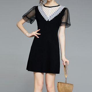 Short-sleeve Lace Panel Knit Mini Sheath Dress