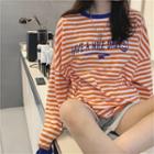 Letter Printed Striped Long-sleeve T-shirt Stripe - White & Tangerine - One Size