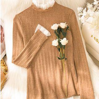 Mesh Trim Glitter Long-sleeve Top