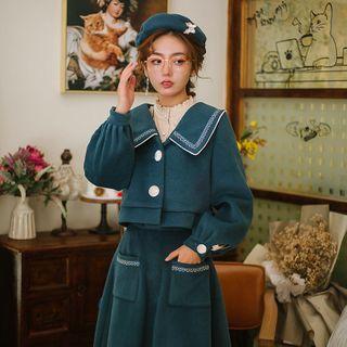 Cropped Sailor Collar Button Jacket / Midi A-line Skirt