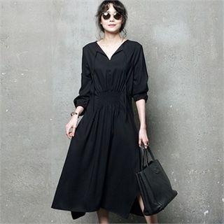 Tie-neck Smock-waist Long Dress