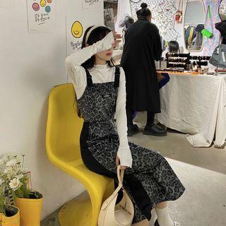 Long-sleeve Top / Spaghetti Strap Leopard Print Midi Dress
