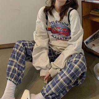 Printed Loose-fit Sweater / Plaid Jogger Pants