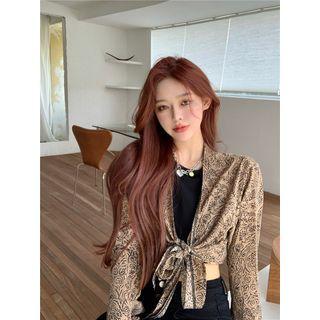 Long-sleeve Printed Tie-front Cropped Blouse Shirt - One Size