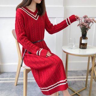 Contrast-trim Cable-knit Midi Sweater Dress