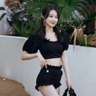 Set: Puff Sleeve Scoop Neck Swim Top + Bikini Bottom + Swim Skirt