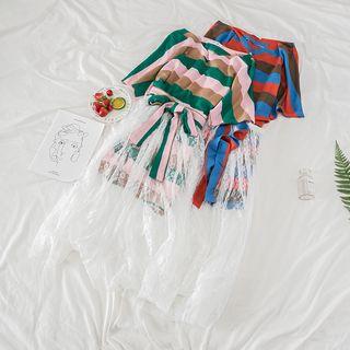 Set: Short Sleeve V-neck Striped T-shirt Dress + Lace Panel Mesh Skirt