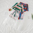 Set: Short Sleeve V-neck Striped T-shirt Dress + Lace Panel Mesh Skirt