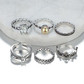 Set Of 6: Retro Faux Crystal Ring (assorted Designs) Silver - One Size