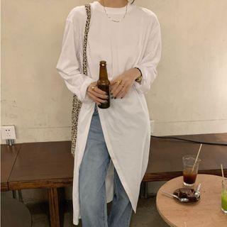 Long-sleeve Plain Slit Long T-shirt