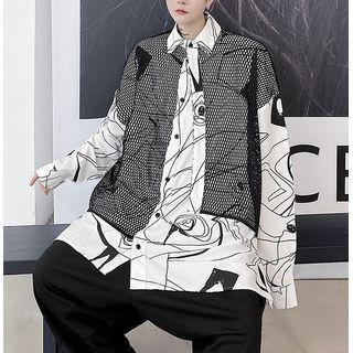 Long-sleeve Printed Mesh Panel Shirt