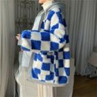 Mock Two-piece Checkerboard Fluffy Hooded Zip Jacket