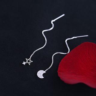 925 Sterling Silver Rhinestone Moon & Star Dangle Earring 1 Pair - Silver - One Size