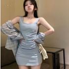Sleeveless Mini Sheath Dress / Plaid Shirt