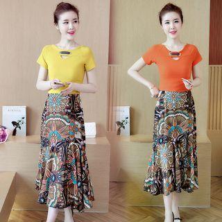 Set: Cutout Short-sleeve Top + Print Chiffon Midi Skirt