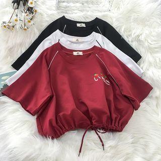 Drawstring Waist Embroidered Raglan Sleeve Cropped Top