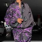 Long Sleeve Lightening Print Color-block Loose-fit Zip-up Jacket