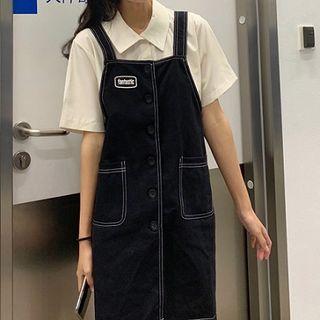 Plain Short-sleeve Shirt / Contrast Stitching Denim Jumper Dress